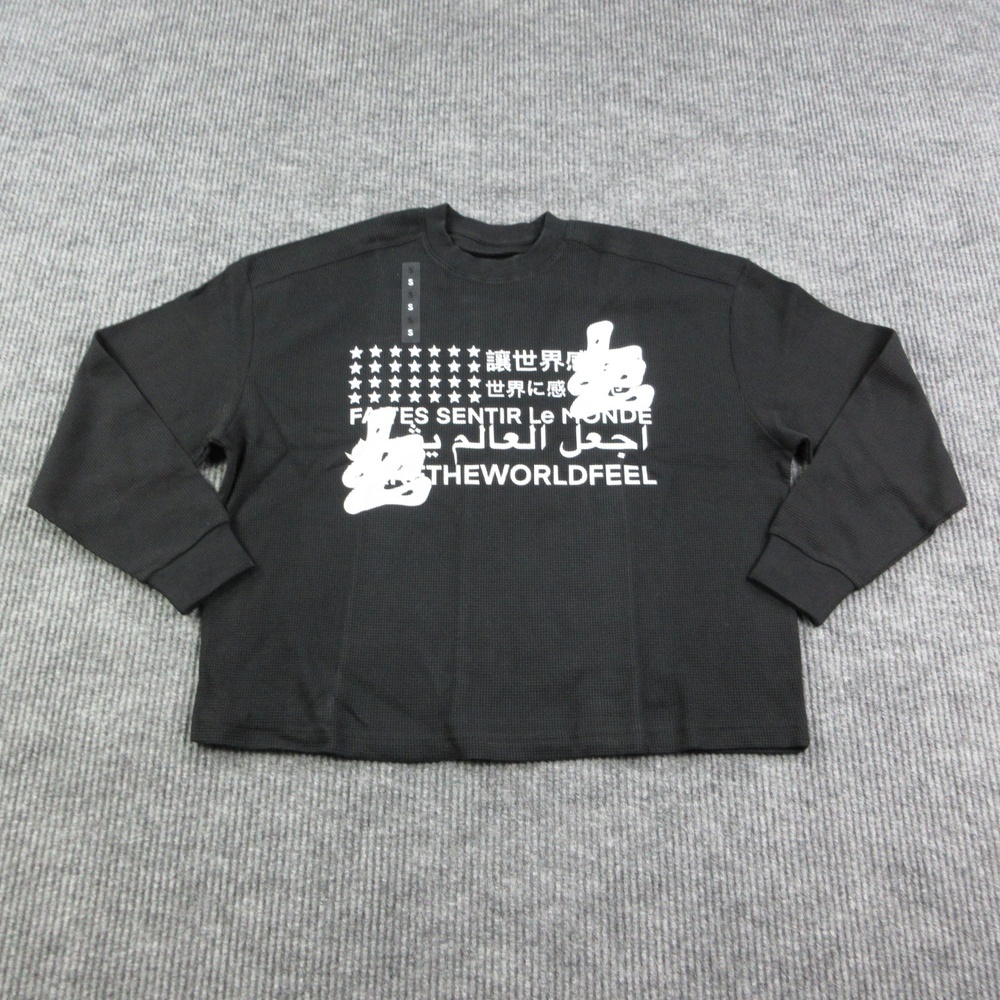 Waffle Knit Shirt Mens S Black Pullover Crewneck Relaxed Graphic Print Tee NWOT